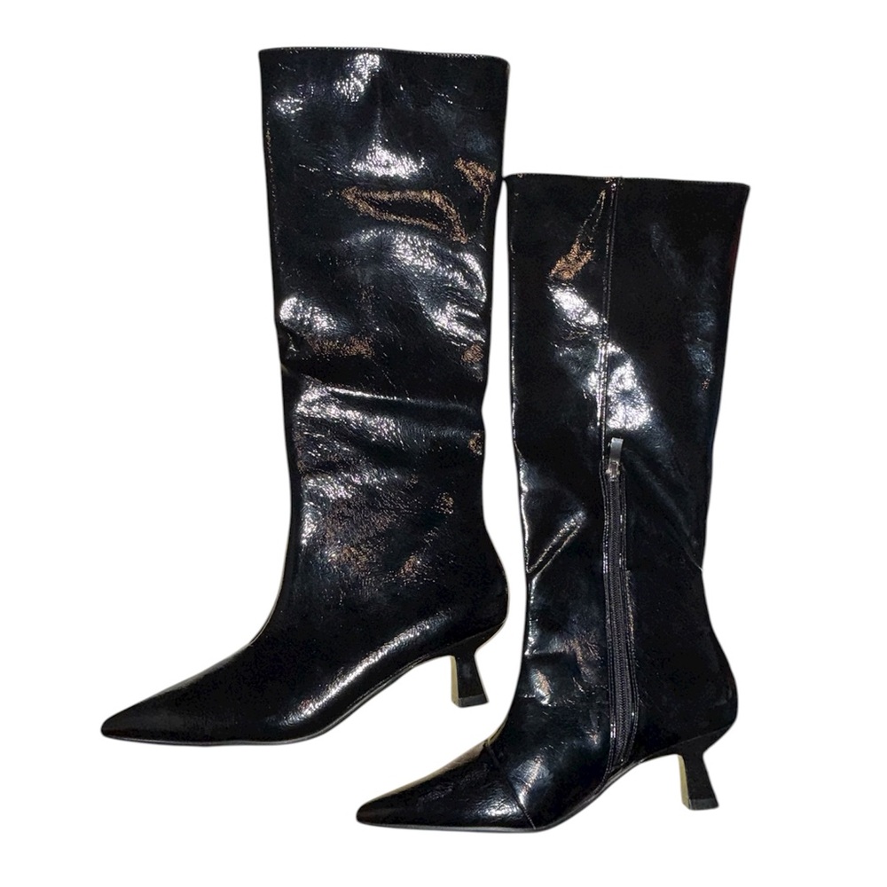 🖤 New! Olivia Miller Faux Patent Leather Low Heel Boots - Picture 2 of 7
